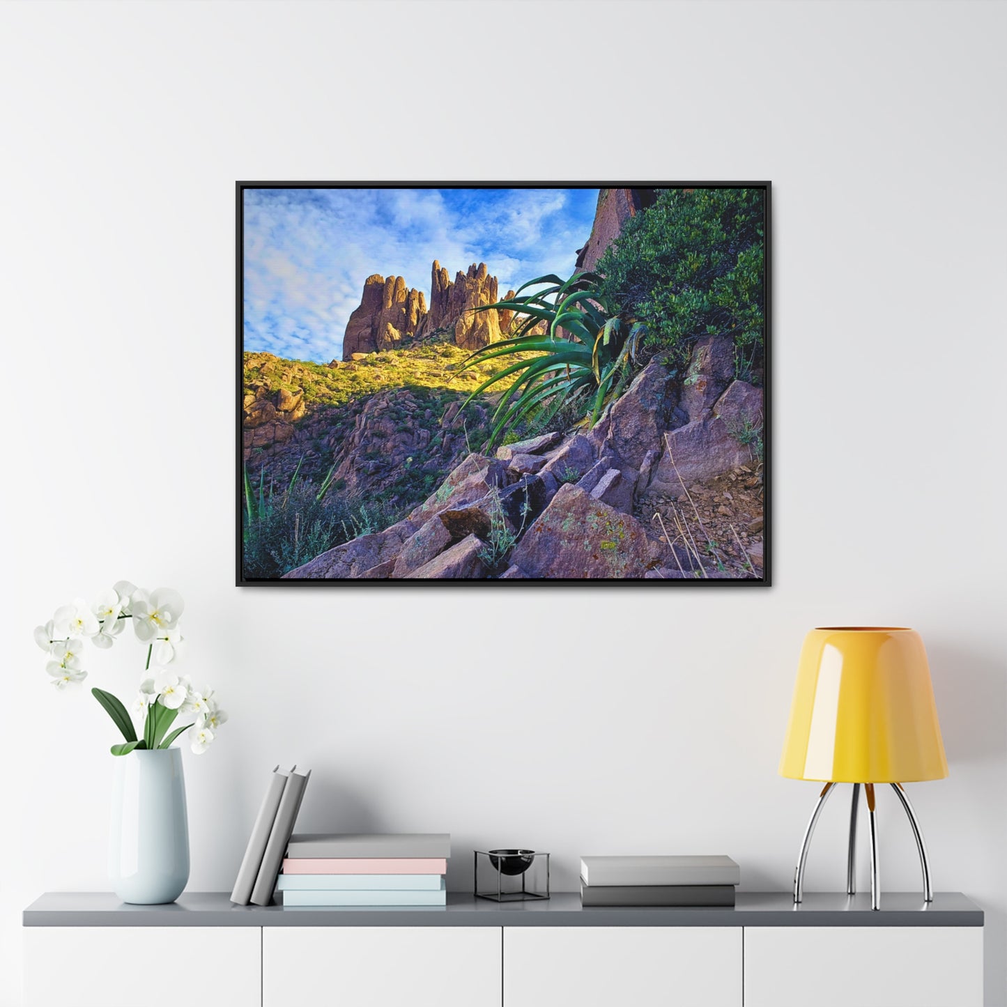 Framed Canvas Print: Succulents and Spires; Arizona Photography, Wall Art, Natural Landscape Home Decor for Hikers and Nature Lovers!